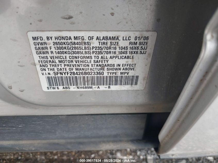 2006 Honda Pilot Ex VIN: 5FNYF28426B023360 Lot: 39517534