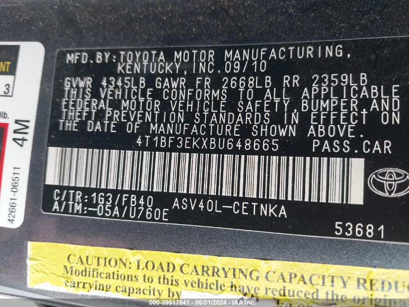 4T1BF3EKXBU648665 2011 Toyota Camry Le