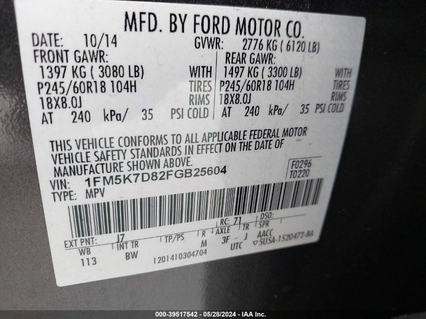 2015 Ford Explorer Xlt VIN: 1FM5K7D82FGB25604 Lot: 39517542