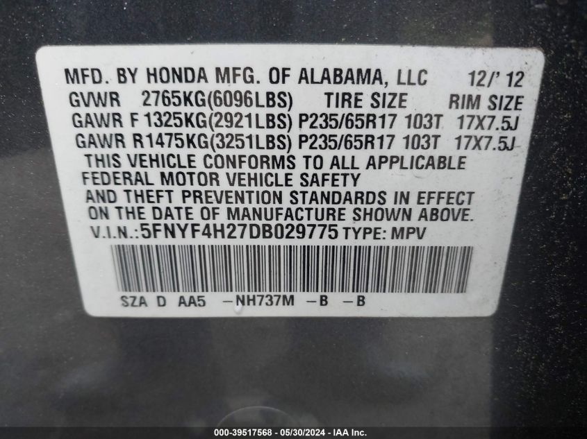 2013 Honda Pilot Lx VIN: 5FNYF4H27DB029775 Lot: 39517568