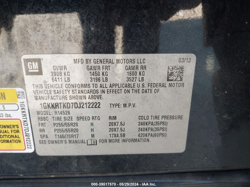 2013 GMC Acadia Denali VIN: 1GKKRTKD7DJ212222 Lot: 39517570