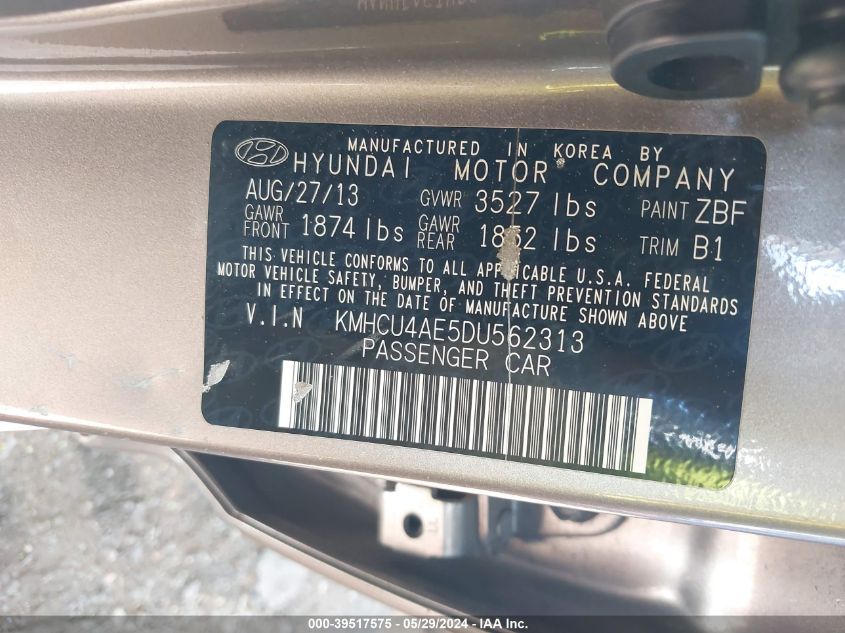 2013 Hyundai Accent Gls VIN: KMHCU4AE5DU562313 Lot: 39517575