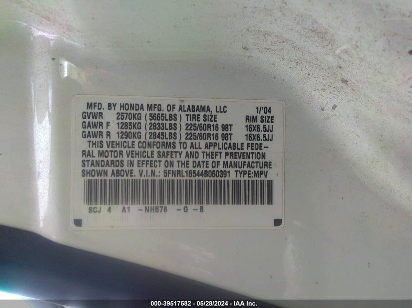 2004 Honda Odyssey Lx VIN: 5FNRL18544B060391 Lot: 39517582