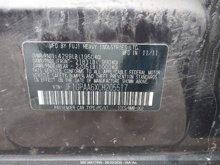 2012 Subaru Impreza 2.0I VIN: JF1GPAA6XCH205517 Lot: 39517589