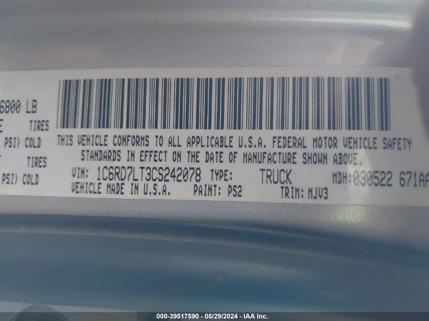 2011 Ram Ram 1500 Slt VIN: 1D7RV1GP9BS616102 Lot: 39517590