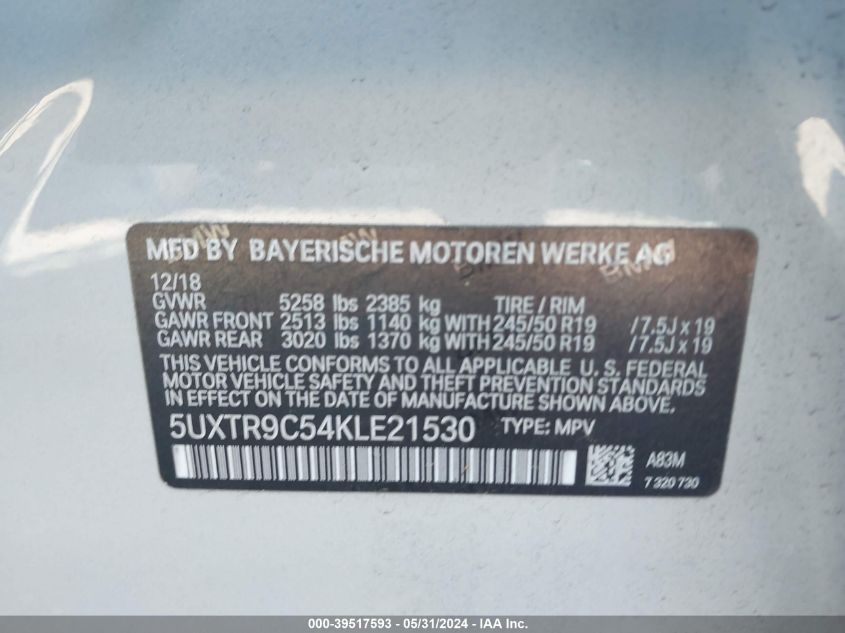 2019 BMW X3 xDrive30I VIN: 5UXTR9C54KLE21530 Lot: 39517593