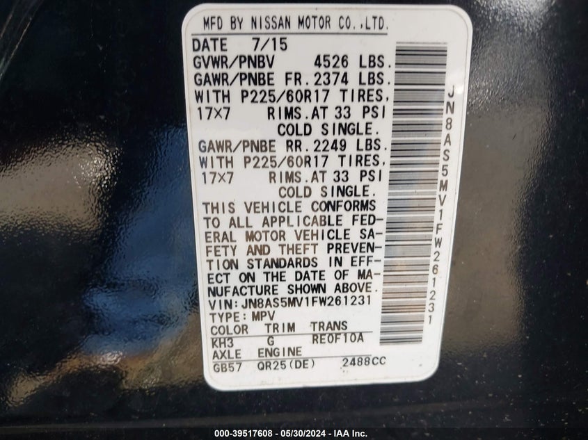 2015 Nissan Rogue Select S VIN: JN8AS5MV1FW261231 Lot: 39517608