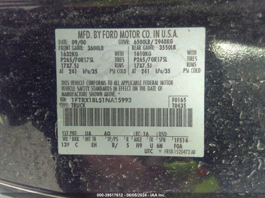 2001 Ford F-150 Lariat/Xl/Xlt VIN: 1FTRX18L51NA15993 Lot: 39517612