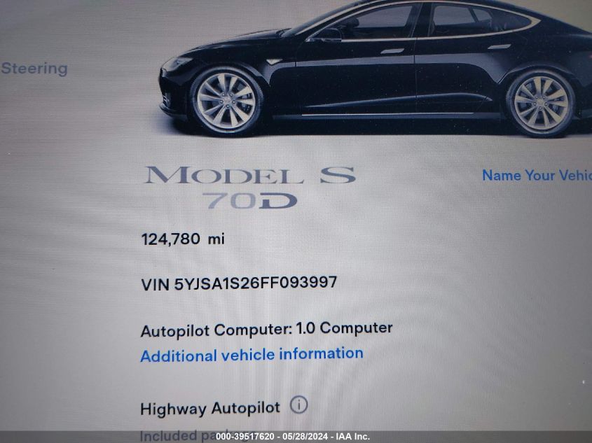 2015 Tesla Model S 70D/85D/P85D VIN: 5YJSA1S26FF093997 Lot: 39517620