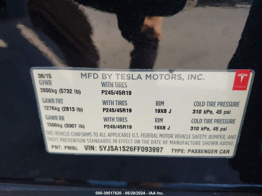 2015 Tesla Model S 70D/85D/P85D VIN: 5YJSA1S26FF093997 Lot: 39517620