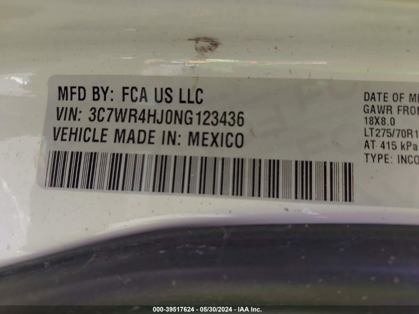 2022 Ram 2500 Tradesman 4X2 8' Box VIN: 3C7WR4HJ0NG123436 Lot: 39517624