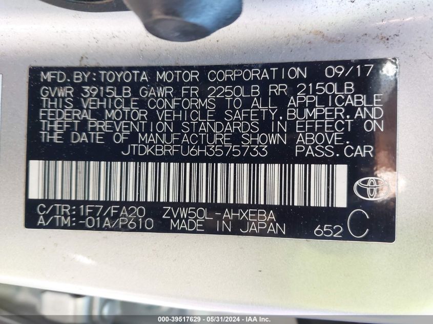 2017 Toyota Prius Two VIN: JTDKBRFU6H3575733 Lot: 39517629