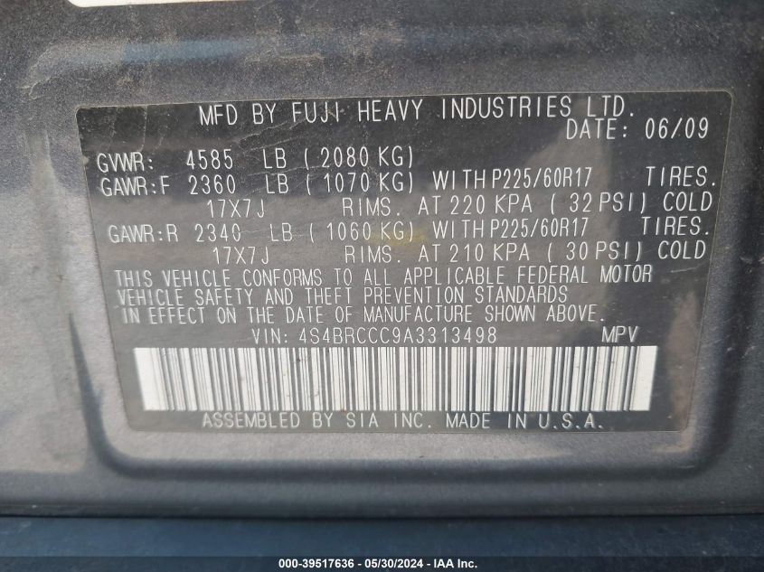 2010 Subaru Outback 2.5I Premium VIN: 4S4BRCCC9A3313498 Lot: 39517636