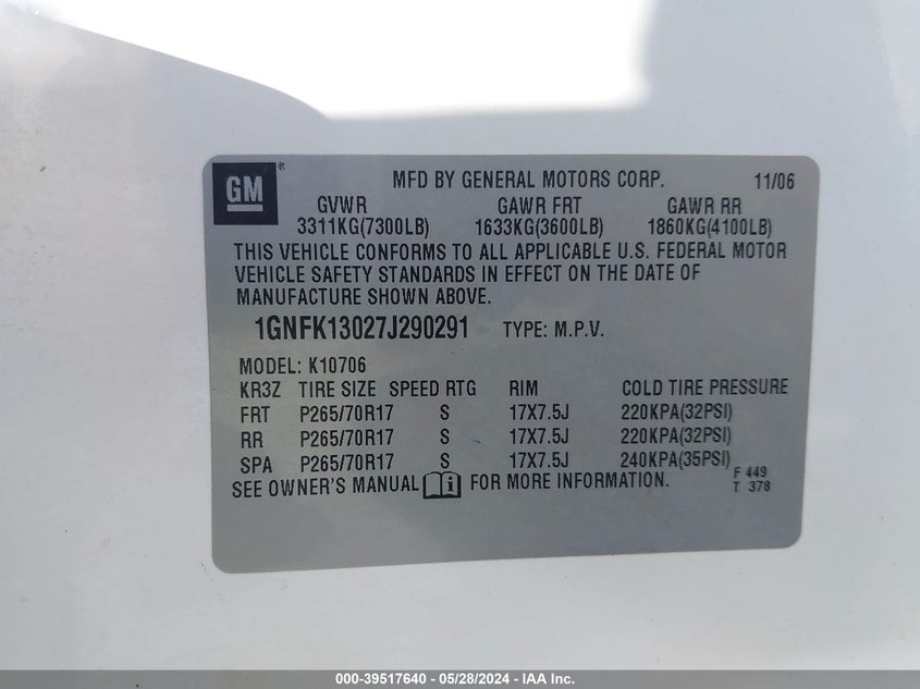 2007 Chevrolet Tahoe Lt VIN: 1GNFK13027J290291 Lot: 39517640