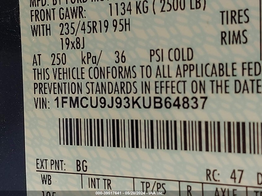 VIN 1FMCU9J93KUB64837 2019 FORD ESCAPE TITANIUM