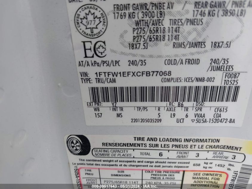 2012 Ford F-150 Xlt VIN: 1FTFW1EFXCFB77068 Lot: 39517643