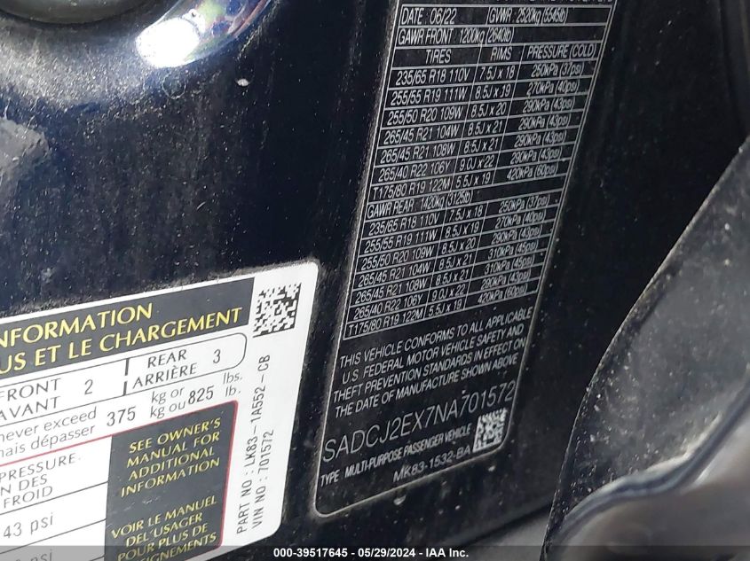 2022 Jaguar F-Pace S P250 Awd Automatic VIN: SADCJ2EX7NA701572 Lot: 39517645