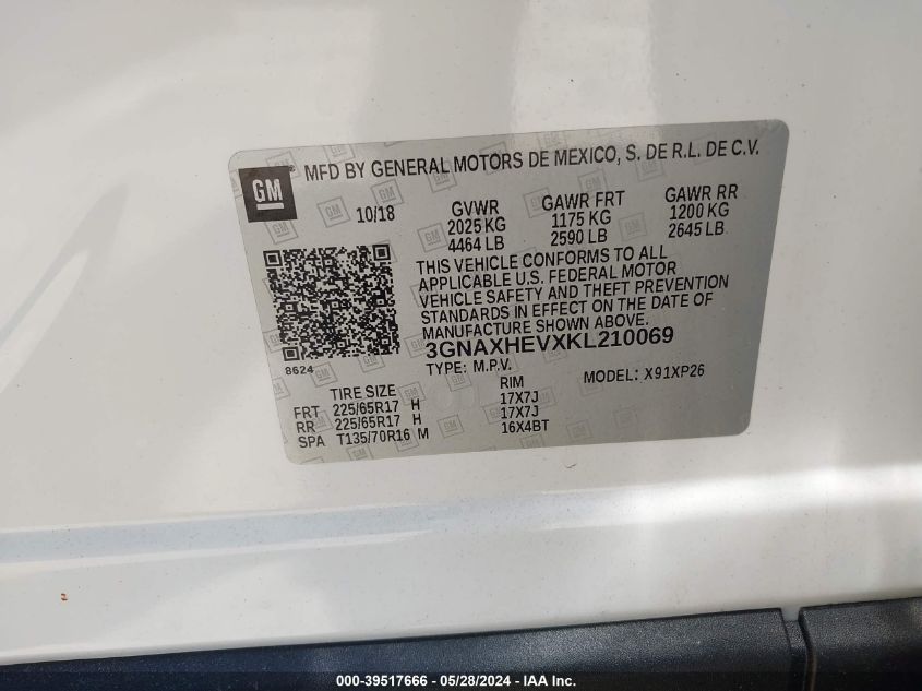 2019 Chevrolet Equinox Ls VIN: 3GNAXHEVXKL210069 Lot: 39517666
