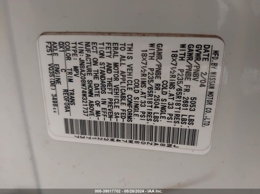 2004 Nissan Murano Se VIN: JN8AZ08W74W321737 Lot: 39517702