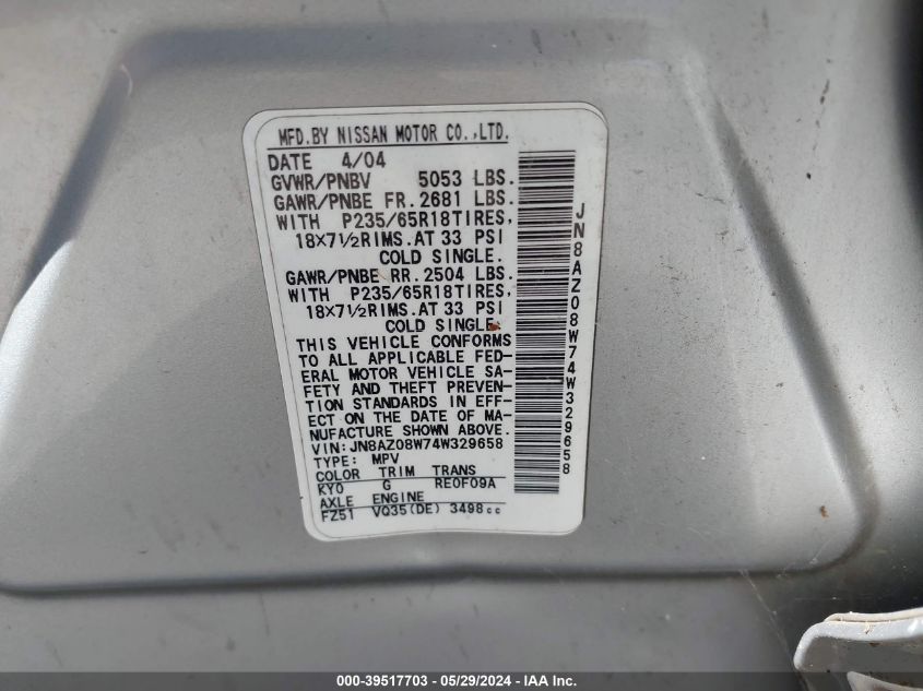 2004 Nissan Murano Sl VIN: JN8AZ08W74W329658 Lot: 39517703