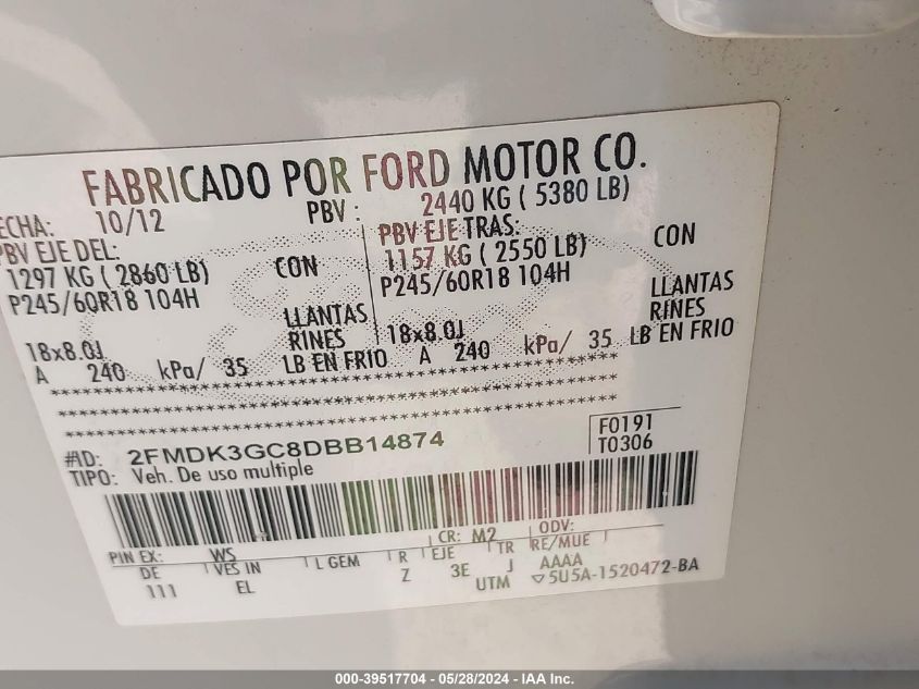 2FMDK3GC8DBB14874 2013 Ford Edge Se