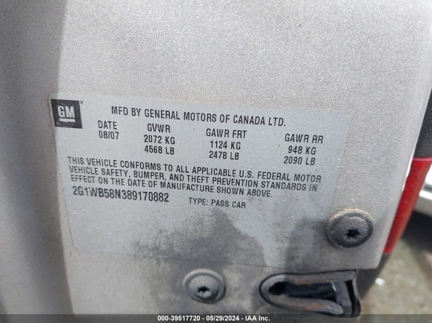 2008 Chevrolet Impala Ls VIN: 2G1WB58N389170882 Lot: 39517720