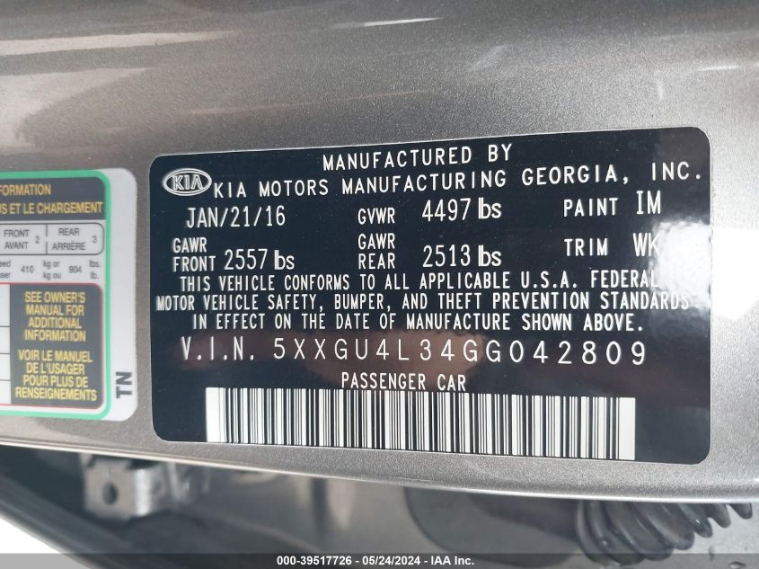 2016 Kia Optima Ex VIN: 5XXGU4L34GG042809 Lot: 39517726