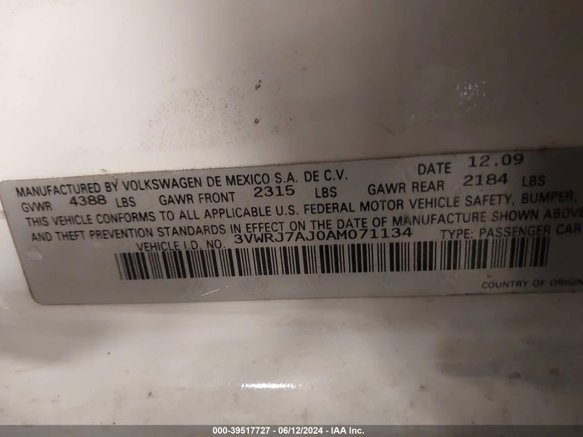 2010 Volkswagen Jetta Wolfsburg Edition VIN: 3VWRJ7AJ0AM071134 Lot: 39517727