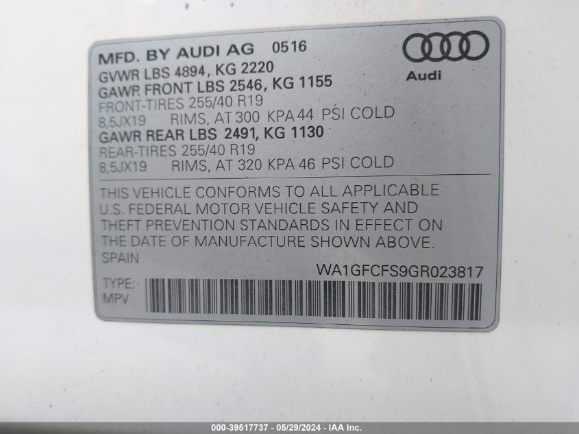 2016 AUDI Q3 2.0T PREMIUM PLUS - WA1GFCFS9GR023817