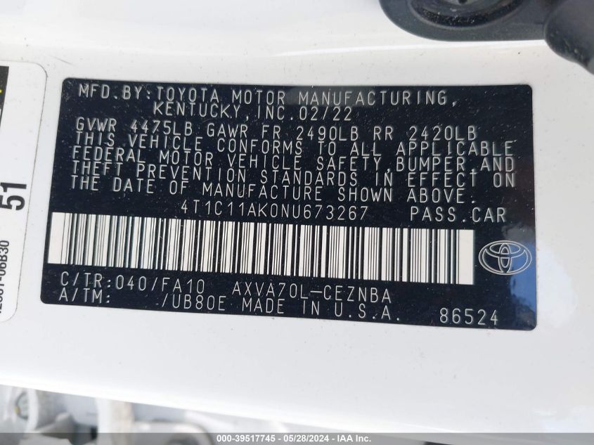 2022 Toyota Camry Le VIN: 4T1C11AK0NU673267 Lot: 39517745