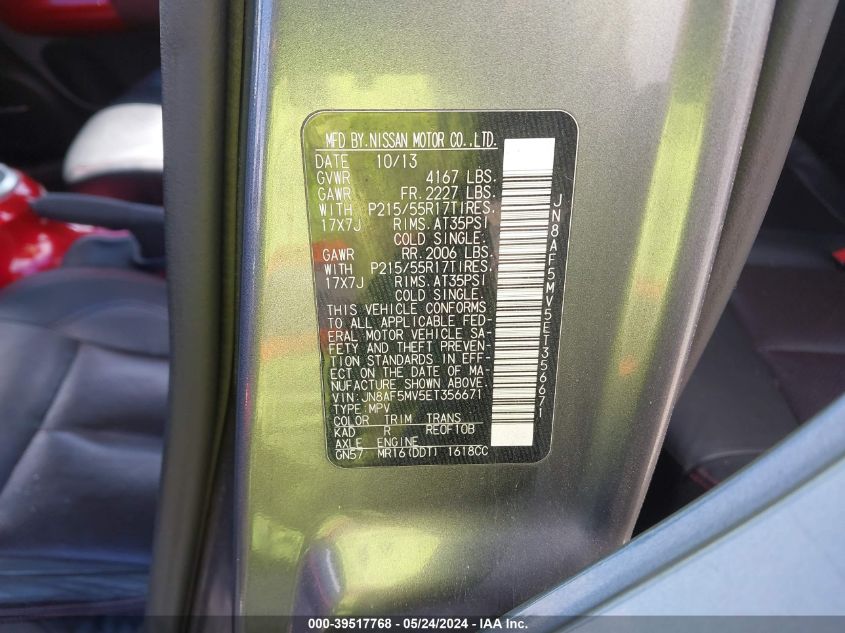 2014 Nissan Juke Sl VIN: JN8AF5MV5ET356671 Lot: 39517768