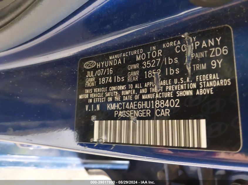 2017 Hyundai Accent Se VIN: KMHCT4AE6HU188402 Lot: 39517800