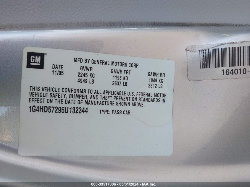 2006 Buick Lucerne Cxl VIN: 1G4HD57296U132344 Lot: 39517806