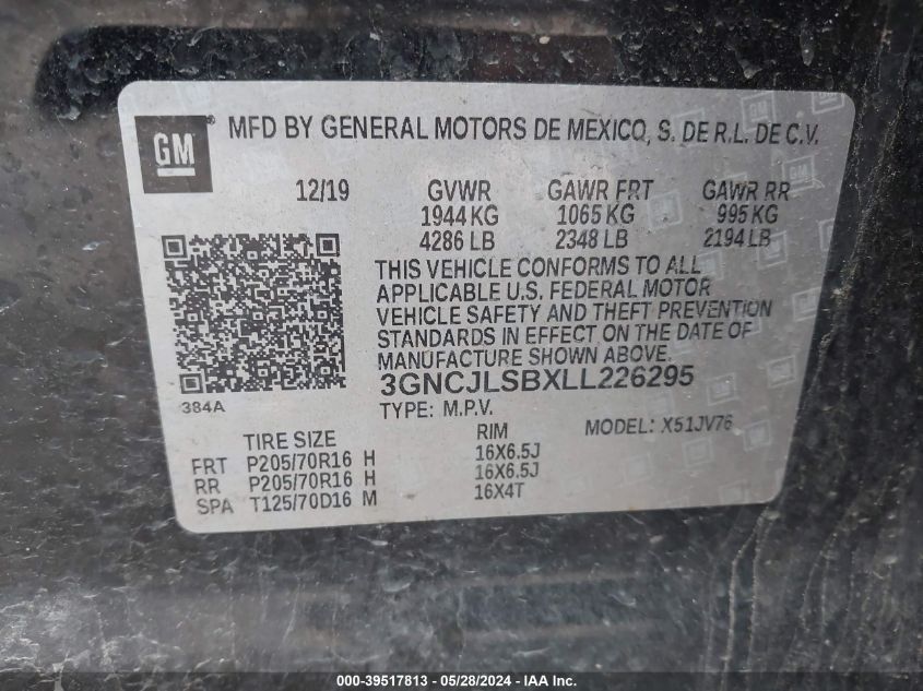 2020 Chevrolet Trax Fwd Lt VIN: 3GNCJLSBXLL226295 Lot: 39517813