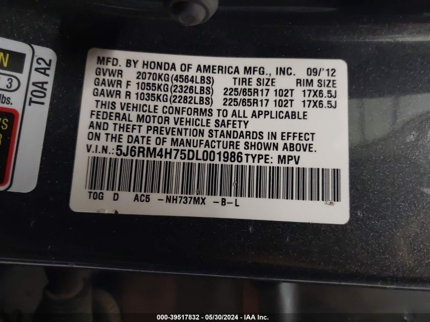 2013 Honda Cr-V Ex-L VIN: 5J6RM4H75DL001986 Lot: 39517832