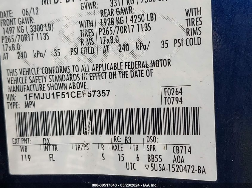 2012 Ford Expedition Xl VIN: 1FMJU1F51CEF57357 Lot: 39517843