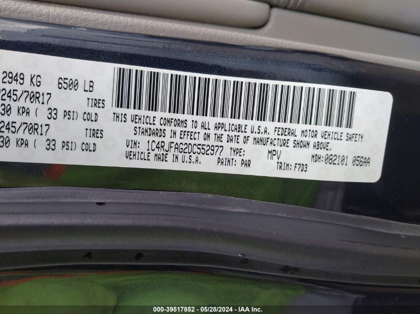 2013 Jeep Grand Cherokee Laredo VIN: 1C4RJFAG2DC552977 Lot: 39517852