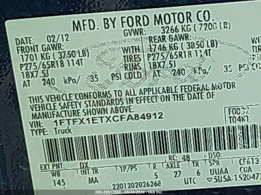 2012 Ford F-150 Xlt VIN: 1FTFX1ETXCFA84912 Lot: 39517858