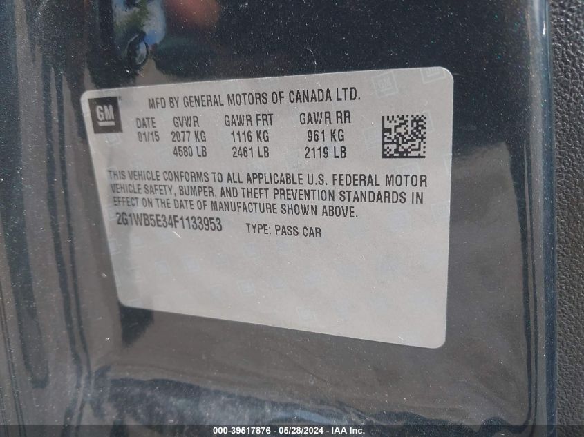 2015 Chevrolet Impala Limited Lt VIN: 2G1WB5E34F1133953 Lot: 39517876