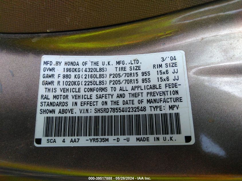 2004 Honda Cr-V Lx VIN: SHSRD78554U232548 Lot: 39517888