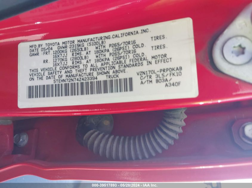 2004 Toyota Tacoma Double Cab VIN: 5TEHN72N74Z423394 Lot: 39517893