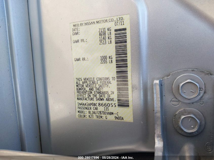 2011 Nissan Maxima 3.5 Sv VIN: 1N4AA5AP0BC866055 Lot: 39517896