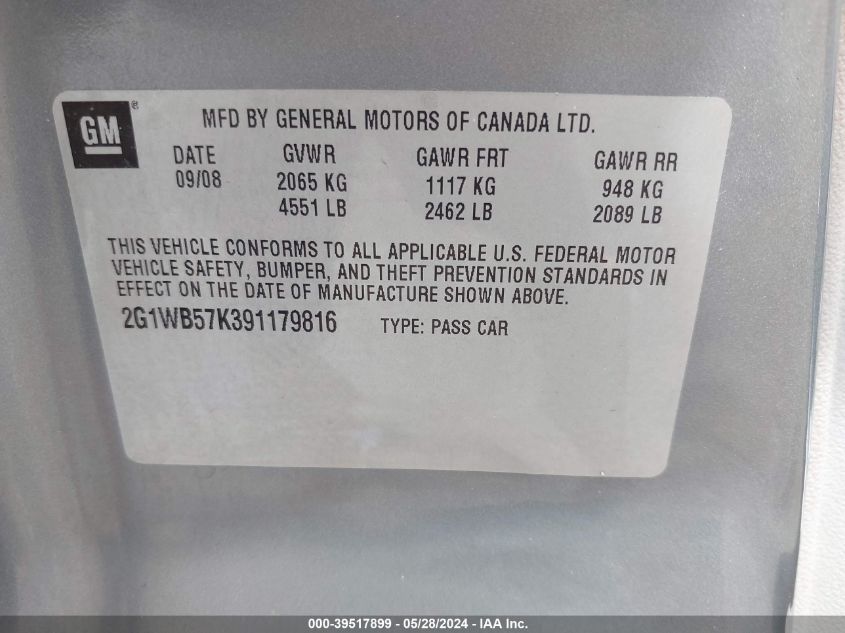 2009 Chevrolet Impala Ls VIN: 2G1WB57K391179816 Lot: 39517899