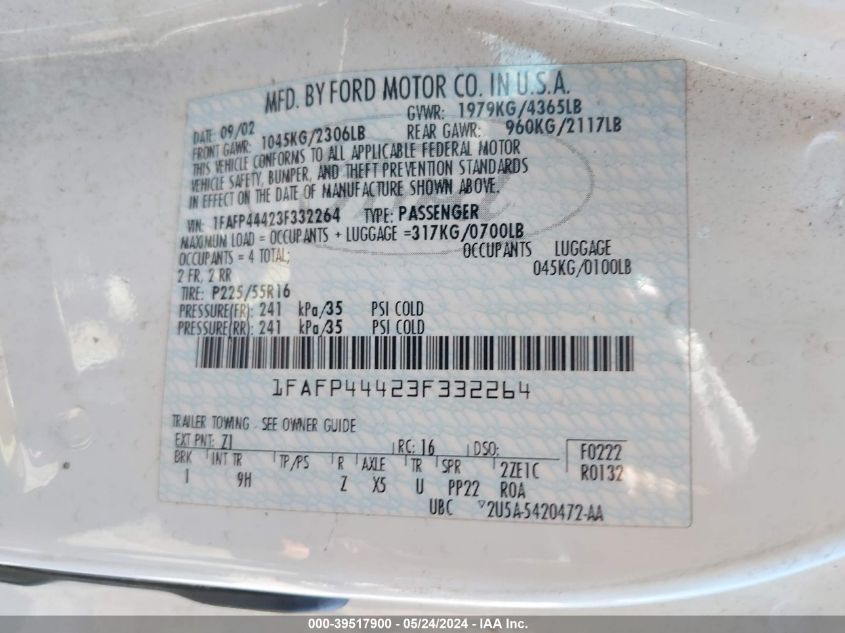 2003 Ford Mustang VIN: 1FAFP44423F332264 Lot: 39517900