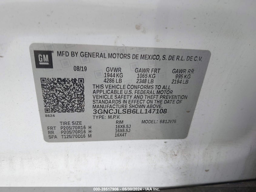 2020 CHEVROLET TRAX 1LT - 3GNCJLSB6LL147108