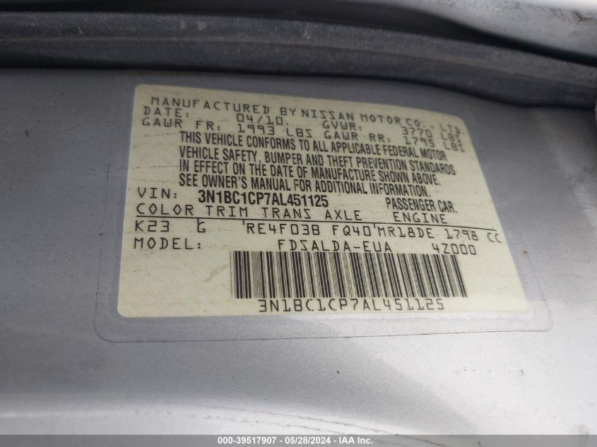 2010 Nissan Versa 1.8S VIN: 3N1BC1CP7AL451125 Lot: 39517907