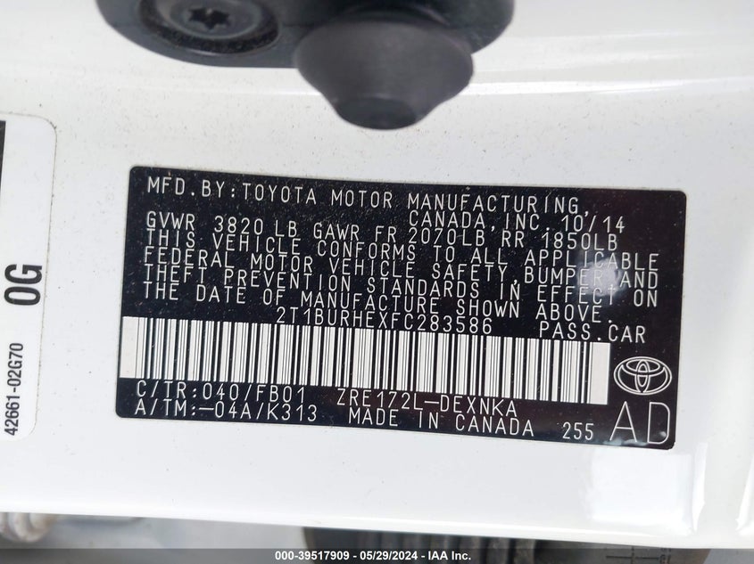 2015 Toyota Corolla Le VIN: 2T1BURHEXFC283586 Lot: 39517909