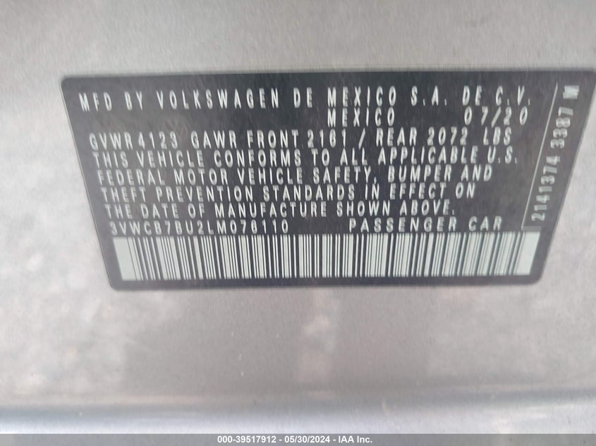 2020 Volkswagen Jetta 1.4T R-Line/1.4T S/1.4T Se VIN: 3VWCB7BU2LM076110 Lot: 39517912