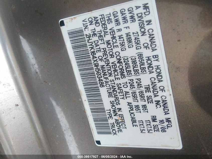 2009 Honda Ridgeline Rts VIN: 2HJYK164X9H503486 Lot: 39517927