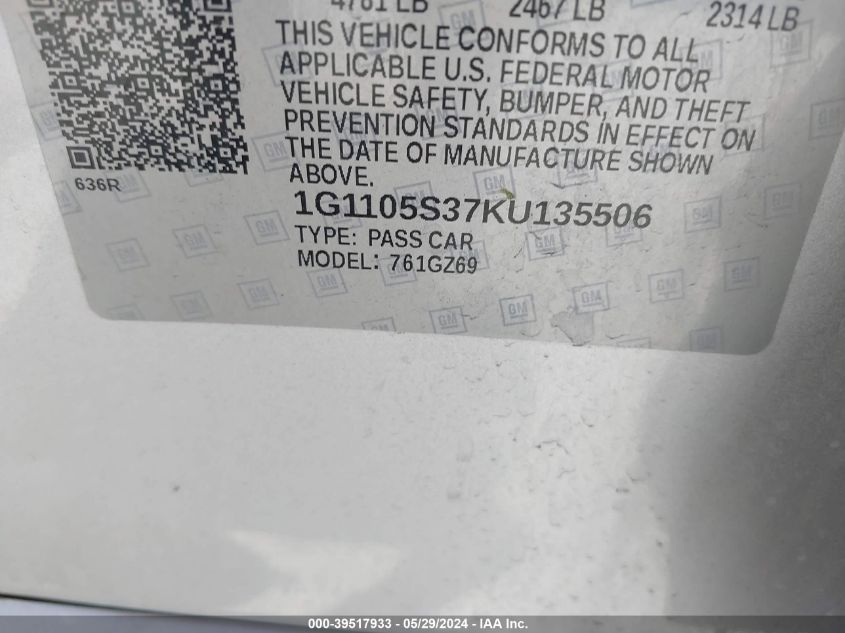2019 Chevrolet Impala Premier VIN: 1G1105S37KU135506 Lot: 39517933